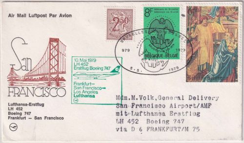 Belgien - Lufthansa Erstflug FFM San Francisco Zuleitungspost 1979 - selten !!