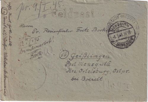 DR - Neustadt (Westpr.) 2.1.45 Feldpostbrief n. Geißlingen (Ostpr) Weiterleitung
