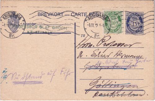Norwegen - 15 Ö. Posthorn Ganzsache+Zusatz Kristiania - Göttingen 1922 Weiterltg