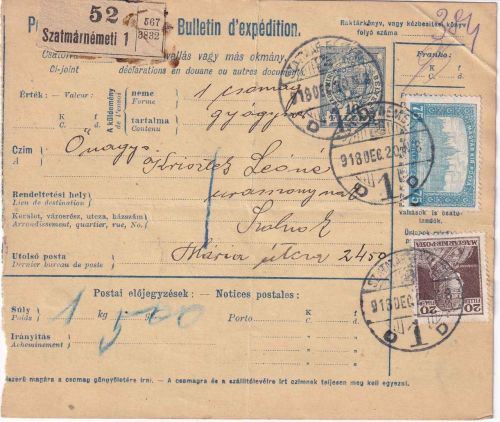 Ungarn/Rumänien - 10 F. Ganzsache+Zusatz Paketkarte Szatmarnemeti - Szolnok 1918