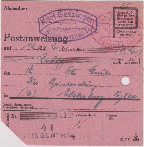 SBZ - Klingenthal Gebühr bezahlt 14.11.45 Postanweisung n. Elsterberg