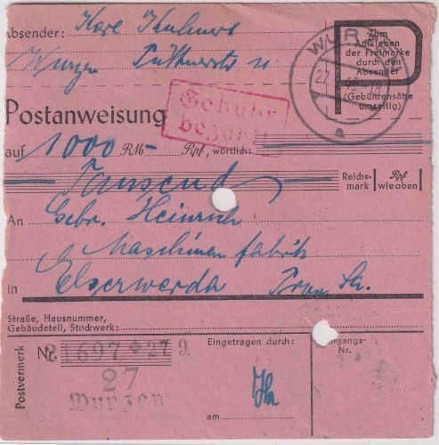SBZ - Wurzen Gebühr bezahlt 27.9.45 Postanweisung n. Elsterwerda