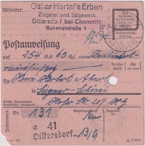 SBZ - Dittersdorf bei Chemnitz Gebühr bezahlt 13.9.45 Postanweisung