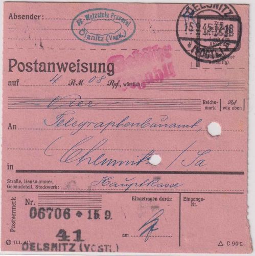 SBZ - Oelsnitz (Vogtl.) Gebühr bezahlt 15.9.45 Postanweisung n. Chemnitz