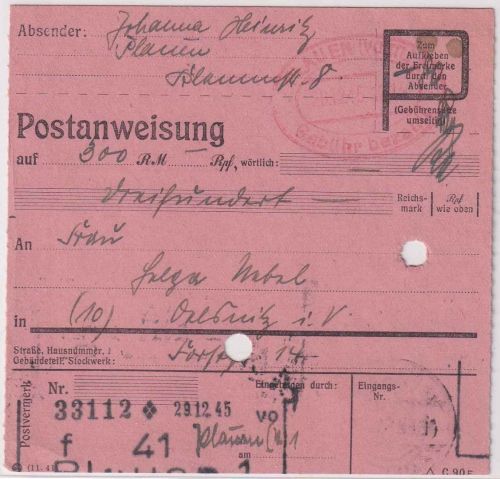 SBZ - Plauen (Vogtl.) Gebühr bezahlt 29.12.45 Postanweisung n. Oelsnitz