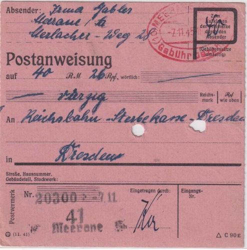SBZ - (10) Meerane Gebühr bezahlt 7.11.45 Postanweisung n. Dresden