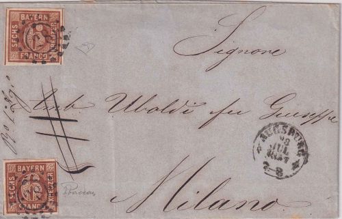 Bayern - 2x6 Kr. Quadrat braun Brief oMR 28 OPA Augsburg 23. JUL 1857 - Mailand