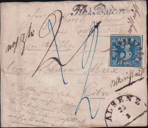 Bayern - 3 Kr. Quadrat blau Brief-Vds. gMR 5 HKS Alsenz 25/3 "Rh.Baiern" n. Cöln
