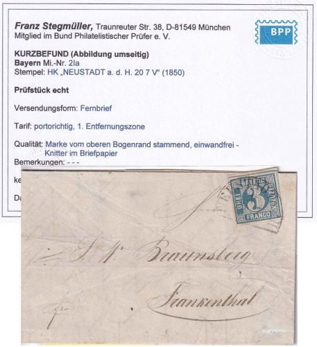 Bayern - 3 Kr. blau Platte I (Oberrand) Brief HKS Neustadt a.d.H. 20/7 (1850)
