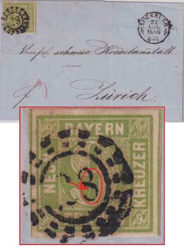 Bayern/Schweiz - 9 Kr Quadrat grün/Plattenfehler Brief oMR 28 OPA Augsburg 1860