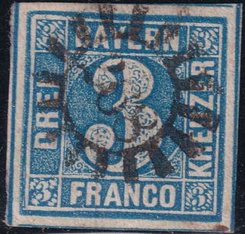 Bayern - 3 Kr Quadrat blau breit- bis überrandig (3 SL) gMR 268 Landsberg
