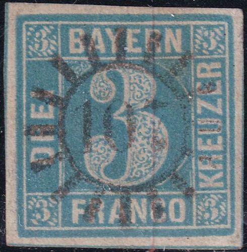 Bayern - 3 Kr Quadrat blau ausgefüllte Ecken - breitrandig gMR 107 Georgensgmünd