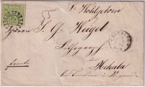 Bayern/Öst.-Ung.(Rumänien) - 9 Kr Quadrat grün Brief oMR 32 Bamberg 24. JAN 1859