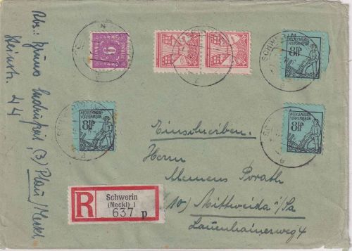 SBZ/OPD Schwerin - 3x8 Pfg. Bauer u.a. Einschreibebrief Schwerin 19.1.46