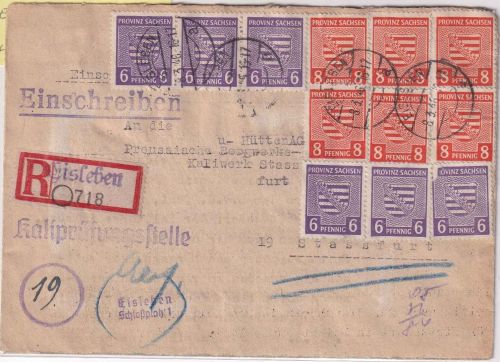 SBZ/Sachsen - 6x8+6x6 Pfg. Wappen Einschreibebrief Eisleben - Stassfurt 8.3.46