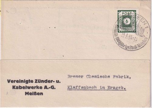 SBZ/Ost-Sachsen - 6 Pfg. Ziffer dst. Firmenkarte Meissen - Klaffenbach 14.8.45