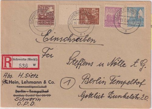 SBZ/OPD Schwerin - 40 Pfg. u.a. Abschied Einschreibebrief Schwerin 28.3.46