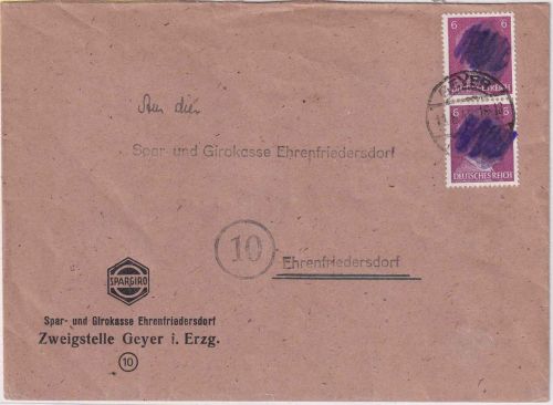 SBZ/RPD Chemnitz - 2x6 Pfg. AH (geschwärzt) Brief Geyer Ehrenfriedrsdorf 11.6.45
