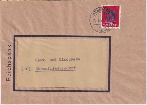 SBZ/RPD Chemnitz - 12 Pfg AH (geschwärzt) Brief Annaberg (Erzgeb.) 20.7.45