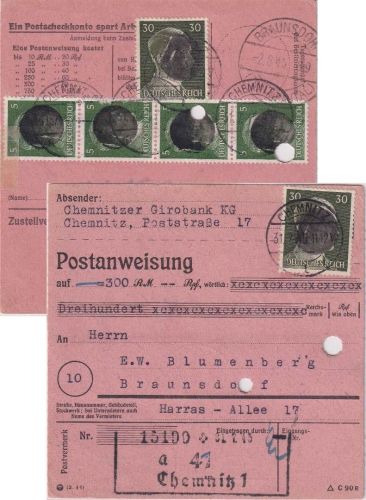 SBZ/RPD Chemnitz - 2x30 Pfg AH u.a. (geschwärzt) Postanweisung Chemnitz 31.7.45