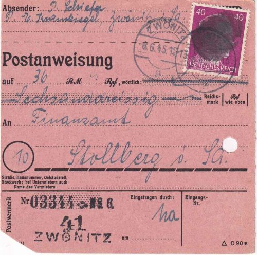 SBZ/RPD Chemnitz - 40 Pfg AH (geschwärzt) Postanweisung Zwönitz Stollberg 8.6.45