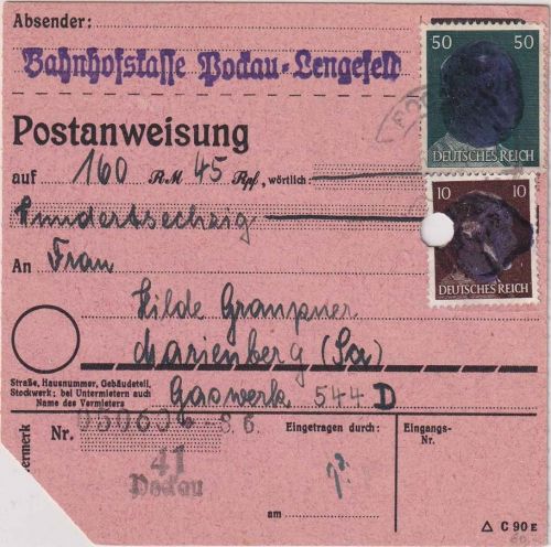 SBZ/RPD Chemnitz - 50+10 Pfg AH (geschwärzt) Postanweisung Pockau 8.6.45