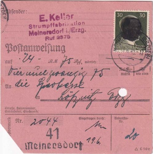 SBZ/RPD Chemnitz - 30 Pfg AH (geschwärzt) Postanweisung Meinersdorf 129.6.45