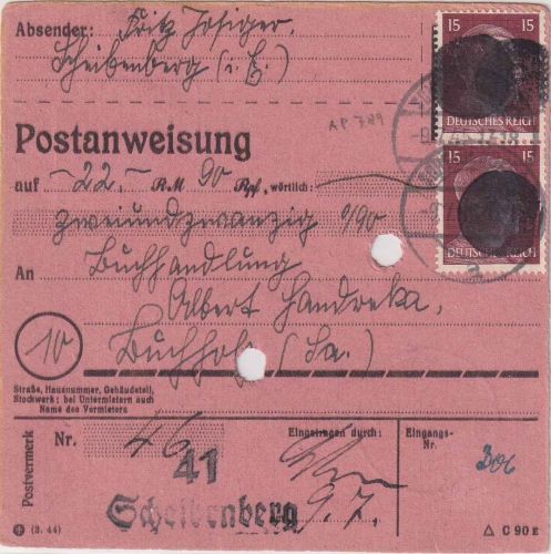 SBZ/RPD Chemnitz - 2x15 Pfg AH (geschwärzt) Postanweisung Scheibenberg 9.7.45