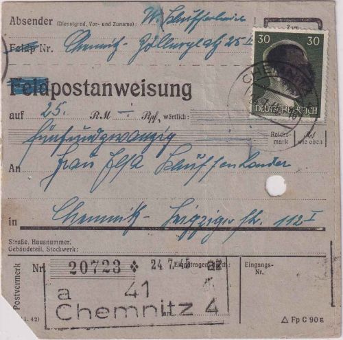 SBZ/RPD Chemnitz - 30 Pfg AH (geschwärzt) Ortspostanweisung Chemnitz 24.7.45
