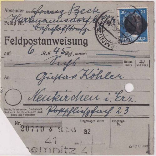 SBZ/RPD Chemnitz - 20 Pfg AH (geschwärzt) Postanweisung Chemnitz 26.7.45