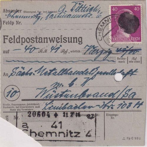 SBZ/RPD Chemnitz - 40 Pfg AH (geschwärzt) Postanweisung Chemnitz 21.7.45