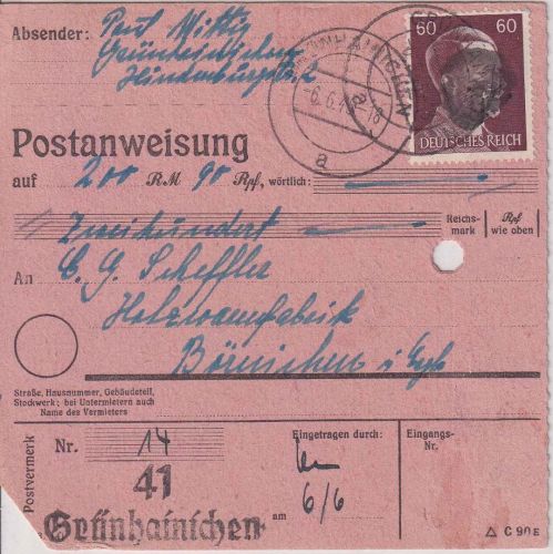 SBZ/RPD Chemnitz - 60 Pfg AH (geschwärzt) Postanweisung Grünhainichen 6.6.45