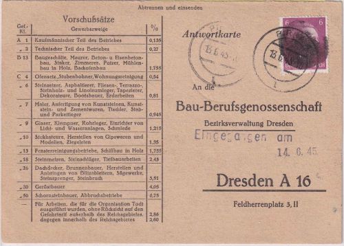 SBZ/OPD Dresden - 6 Pfg AH (geschwärzt) Firmenpostkarte Pirna - Dresden 13.6.45