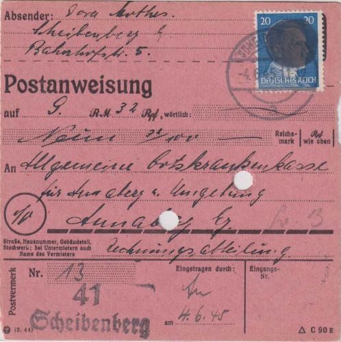 SBZ/RPD Chemnitz - 20 Pfg AH (geschwärzt) Postanweisung Scheibenberg 4.6.45