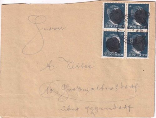 SBZ/RPD Chemnitz - 4 Pfg AH 4er-Block (geschwärzt) Ortsbrief Eppendorf 15.6.45