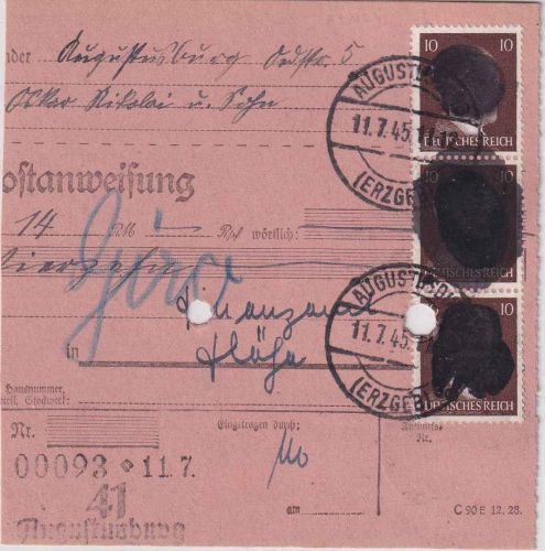 SBZ/RPD Chemnitz - 3x10 Pfg AH (geschwärzt) Postanweisung Augustusburg 11.7.45
