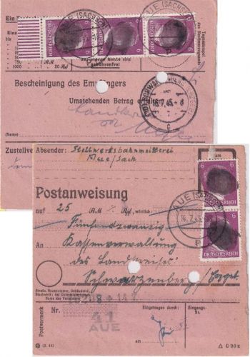 SBZ/RPD Chemnitz - 5x6 Pfg AH (geschwärzt) Postanweisung Aue 14.7.45