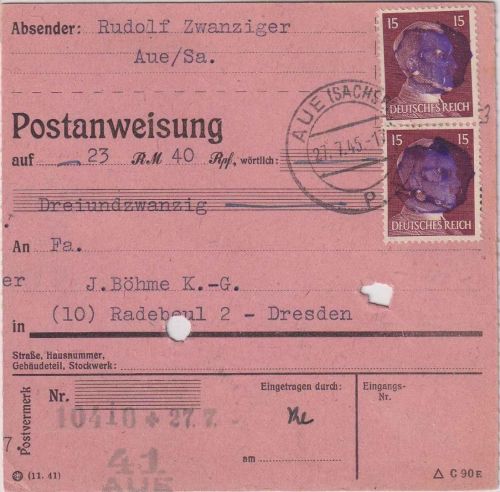 SBZ/RPD Chemnitz - 2x15 Pfg AH (geschwärzt) Postanweisung Aue 27.7.45