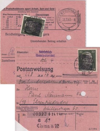 SBZ/RPD Chemnitz - 2x30 Pfg AH (geschwärzt) Postanweisung Chemnitz 12 24.7.45