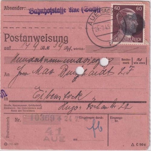 SBZ/RPD Chemnitz - 60 Pfg AH (geschwärzt) Postanweisung Aue - Eibenstock 24.7.45