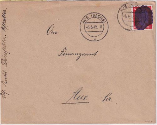 SBZ/RPD Chemnitz - 8 Pfg AH (geschwärzt) Ortsbrief Aue 5.6.45