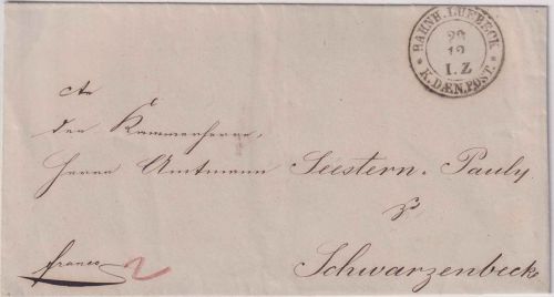 Lübeck/Dän. PA - Bahnh. Lübeck K.DAEN.POST 29/12 Bahnpost-K2 Francobrief ca 1853