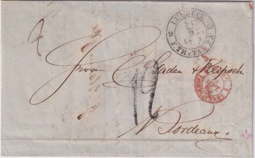 Lübeck/Th&T/Frankreich - 1860, 21.9. K2 Portobrief n. Bordeaux - mit Inhalt