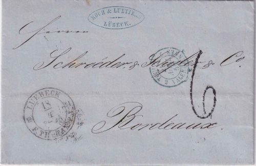 Lübeck/Th&T/Frankreich - 1854, 18.4. K2 Portobrief n. Bordeaux - mit Inhalt