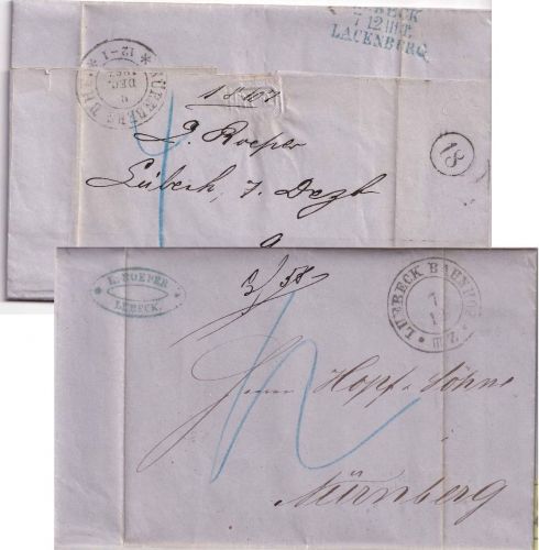 Lübeck/Bayern - Lübeck Bahnhof IIIZ. 1867, 7/12 12 Kr. Portobrief n. Nürnberg