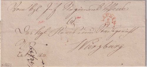Bayern - Landau 6/12 roter Fingerhut-K1 Militaria-Dienstbrief n. Würzburg 1839