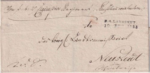 Bayern - R4 Landshut 10. FEB 1825 L2 Militaria-Dienstbrief n. Neustadt a. Hdt.