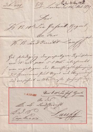 Bayern - Landau roter L1 Militaria-Dienstbrief n. Lauff 1829 - Inhalt !