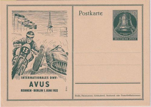 Berlin - 10 Pfg. Glock Sonderganzsache Int. DMV-Avus Rennen 1952 ungebraucht