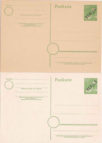 Berlin - 2x10 Pfg Ganzsache/Schwarzaufdruck versch. Kartonfarben ungebraucht